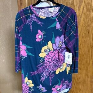 LuLaRoe Floral and Plaid Long Sleeve Top - Blue, Purple, Yellow